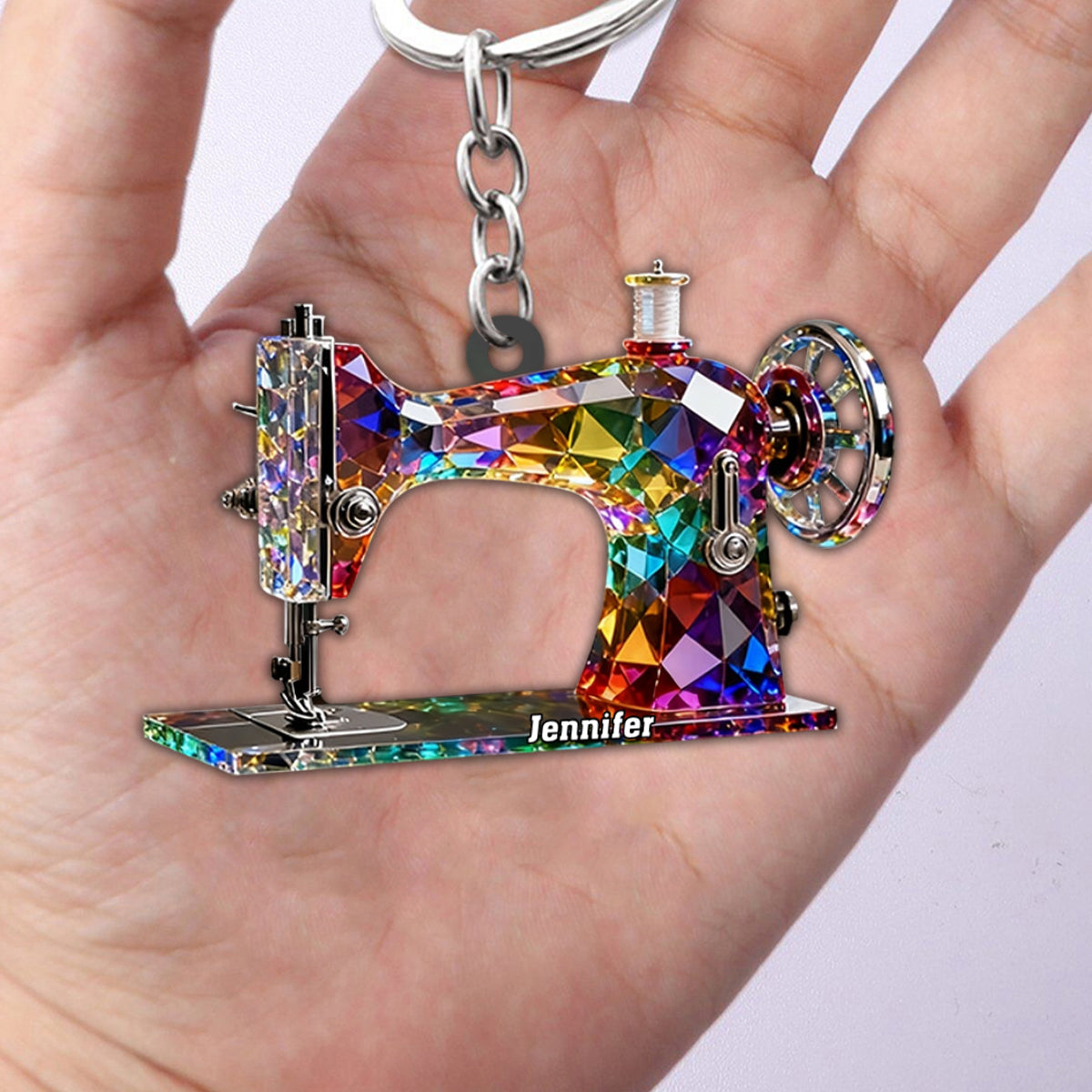 Stained Glass Effect Sewing Machine Custom Name Acrylic Keychain, Gift For A Tailor