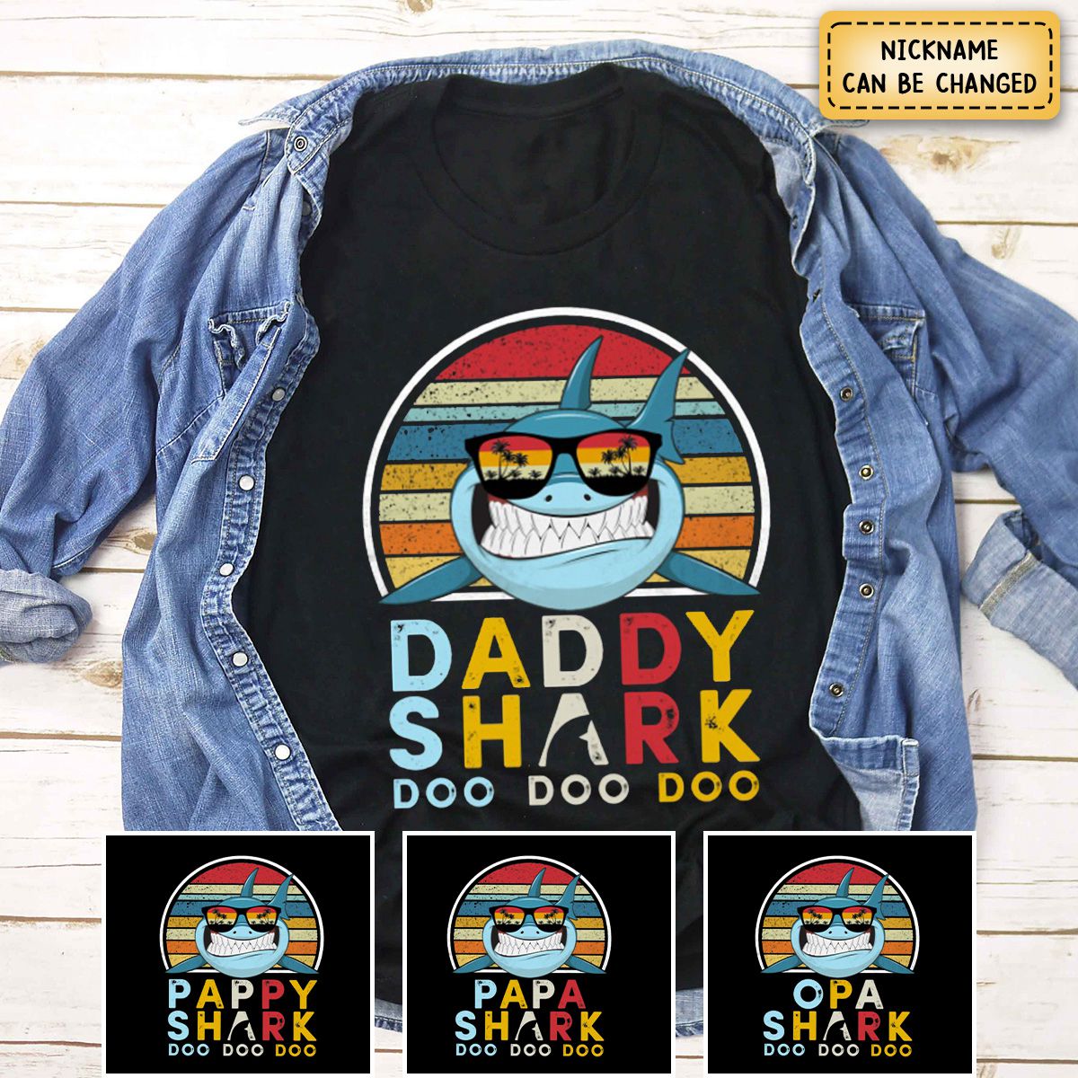 Personalized Vintage Daddy shark doo doo doo Pure Cotton T-Shirt