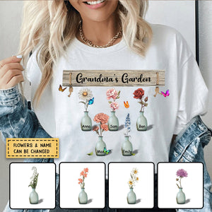 Personalized Grandma's Garden Birth Month Flowers Pots Pure Cotton T-shirt