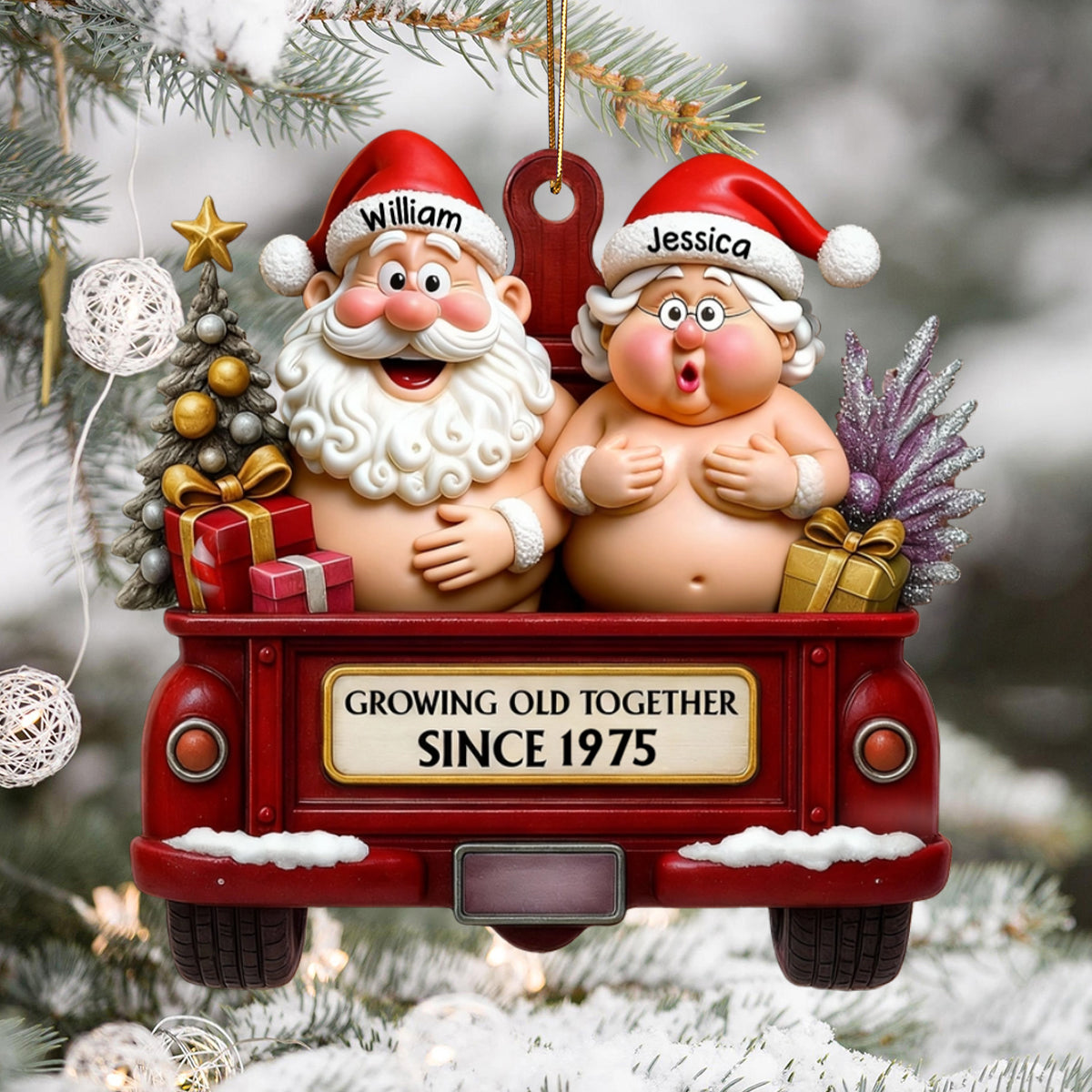 Growing Old Together Red Truck With Santa And Mrs. Claus Ornament, Custom Acrylic Ornament, Gift For Couples And Parents