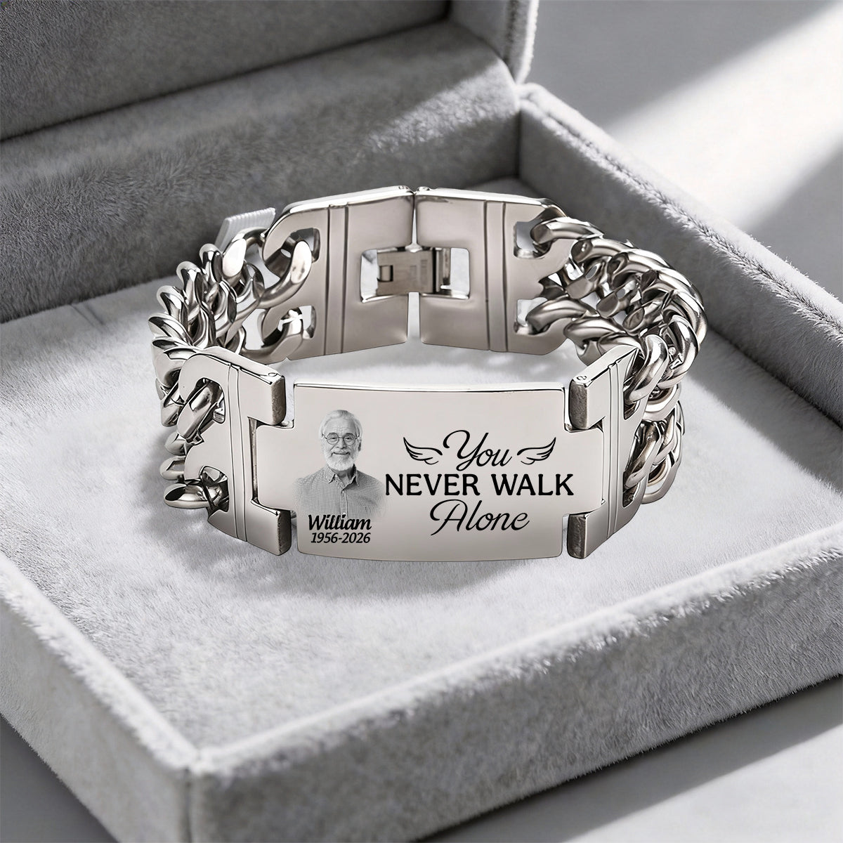 Custom Photo You Never Walk Alone Memorial - Personalized Engraved Bracelet Double Chain