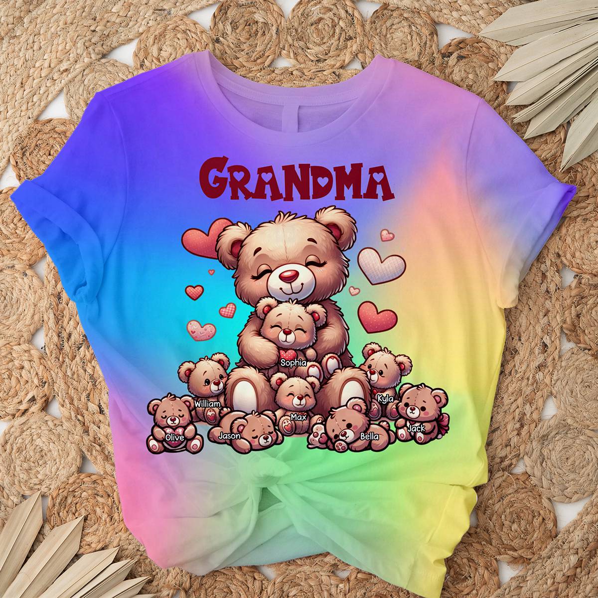 Personalized Grandma Bear With Cute Grandkids Rainbow 3D T-Shirt