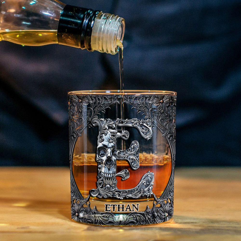 Skull Name Initial Letter - Personalized Whiskey Glass