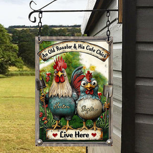 An Old Rooster & His Cute Chick Live Here - Personalized Metal Sign