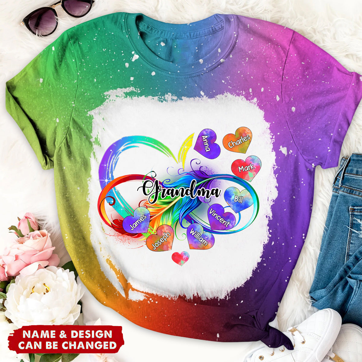 Personalized Grandma Grandkids Infinity Love Rainbow 3D T-Shirt