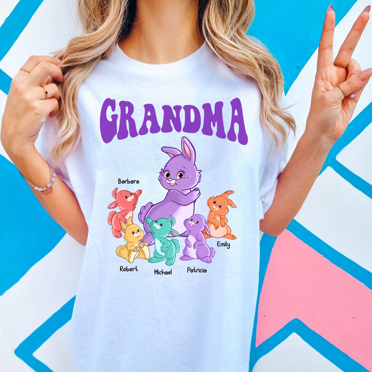Personalized Gift For Grandma Colorful Bunny Pure Cotton T-Shirt