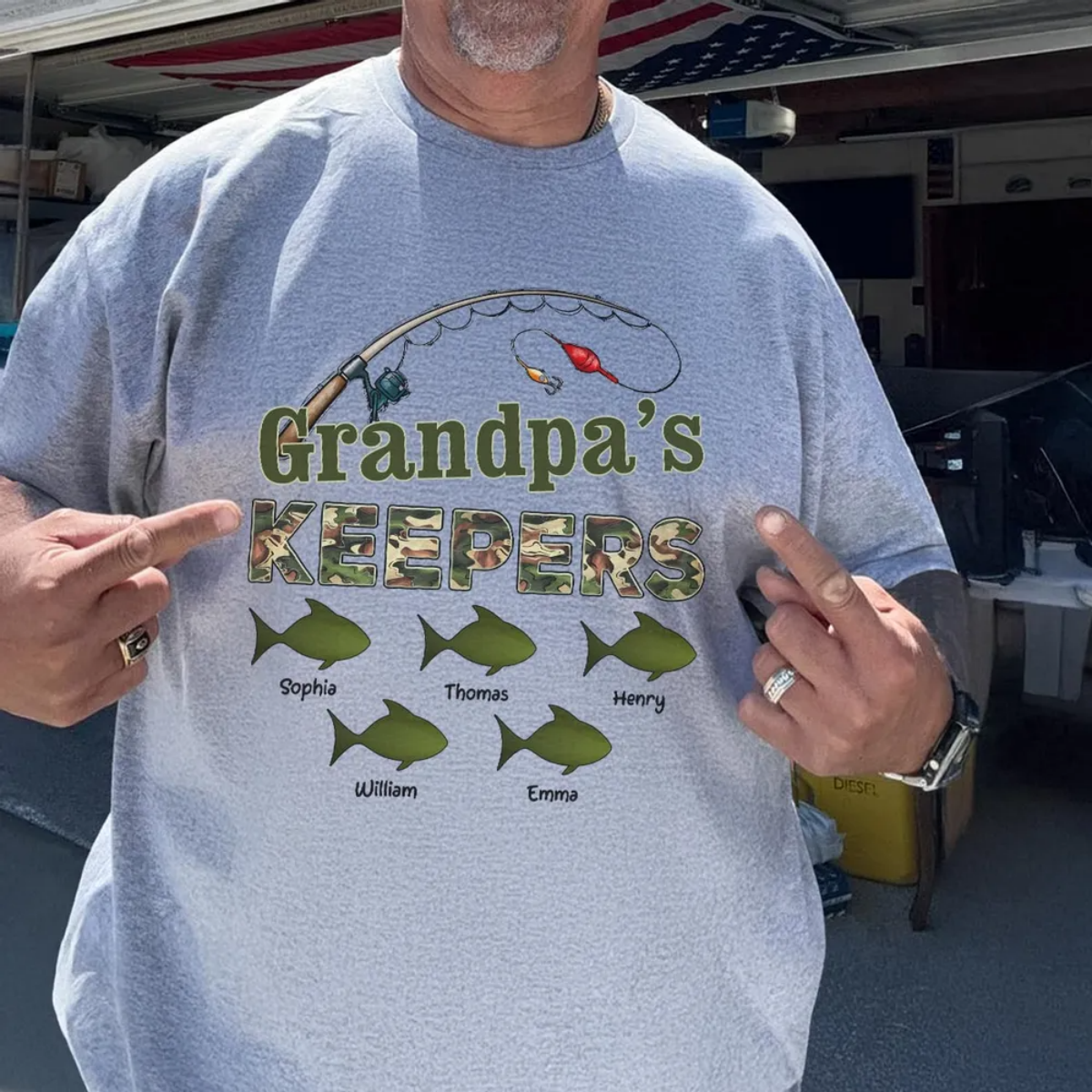 Grandpa‘s Keepers Camouflage Pattern Fishing Personalized Pure Cotton T-Shirt