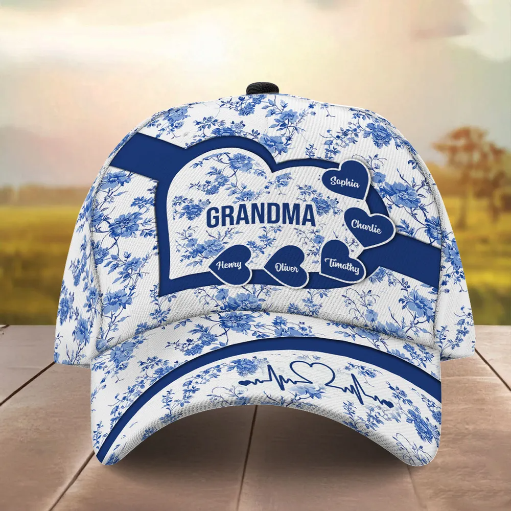 Blue Heart Floral Chinoiserie Patterned Personalized Cap, Mother's Day gift for Mom, Grandma