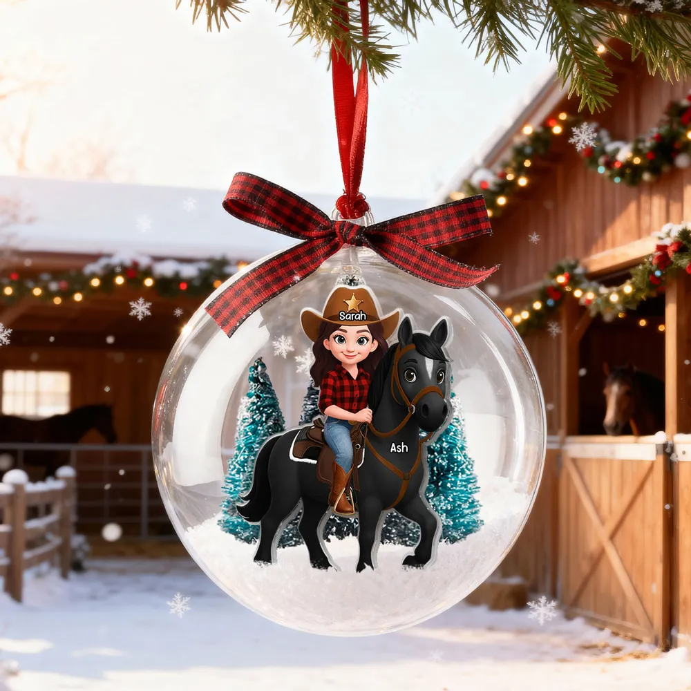 Girl Riding Horse - Personalized Snow Globe Shape Ornament