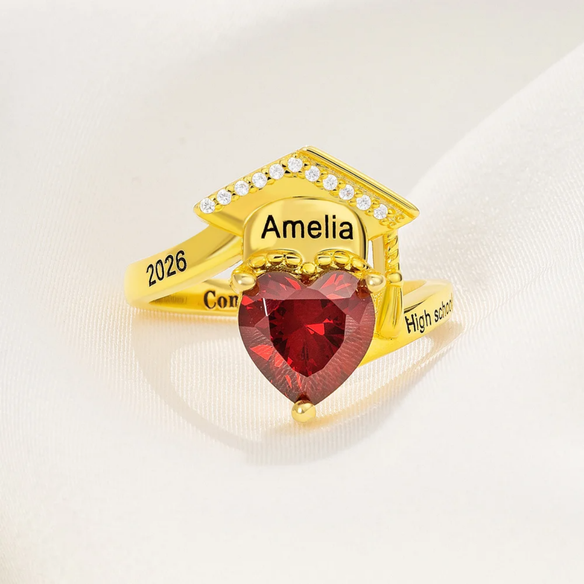 Personalized Grad Cap Heart Birthstone Ring - Graduation Gift For Graduates