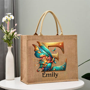 Personalized Coral Magnificent Butterfly Letter Name Jute Tote Bag