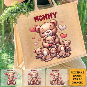 Personalized Grandma Bear With Cute Grandkids Jute Tote Bag