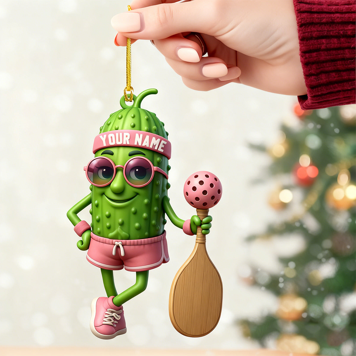 Personalized Sporty Cucumber Pickleball Christmas Acrylic Ornament