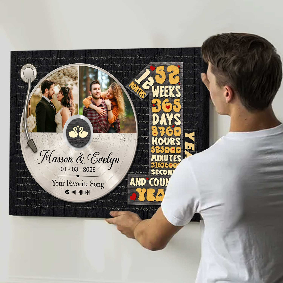 Personalized Record Photo Canvas Poster, Wedding Anniversary Keepsake Gift For Wift, Husband