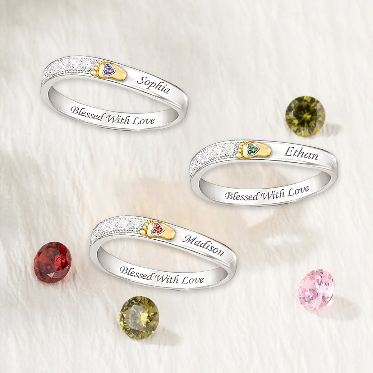 Personalized Name and Birthstone Family Footprint Ring