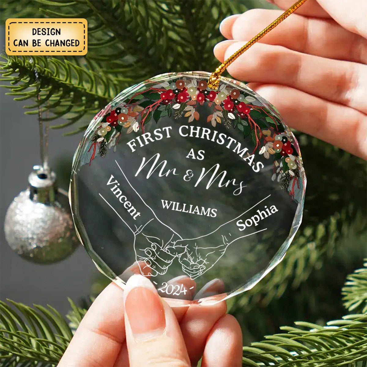 Holding Hands First Christmas Couple - Personalized Circle Glass Ornament