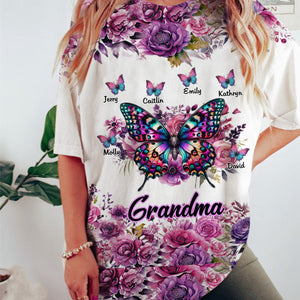 Personalized Purple & Pink Floral Butterfly Grandma T-shirt