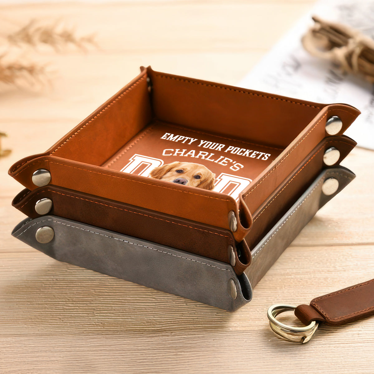 Custom Photo Dog Can't Wait To Play With Dad Personalized Leather Valet Tray