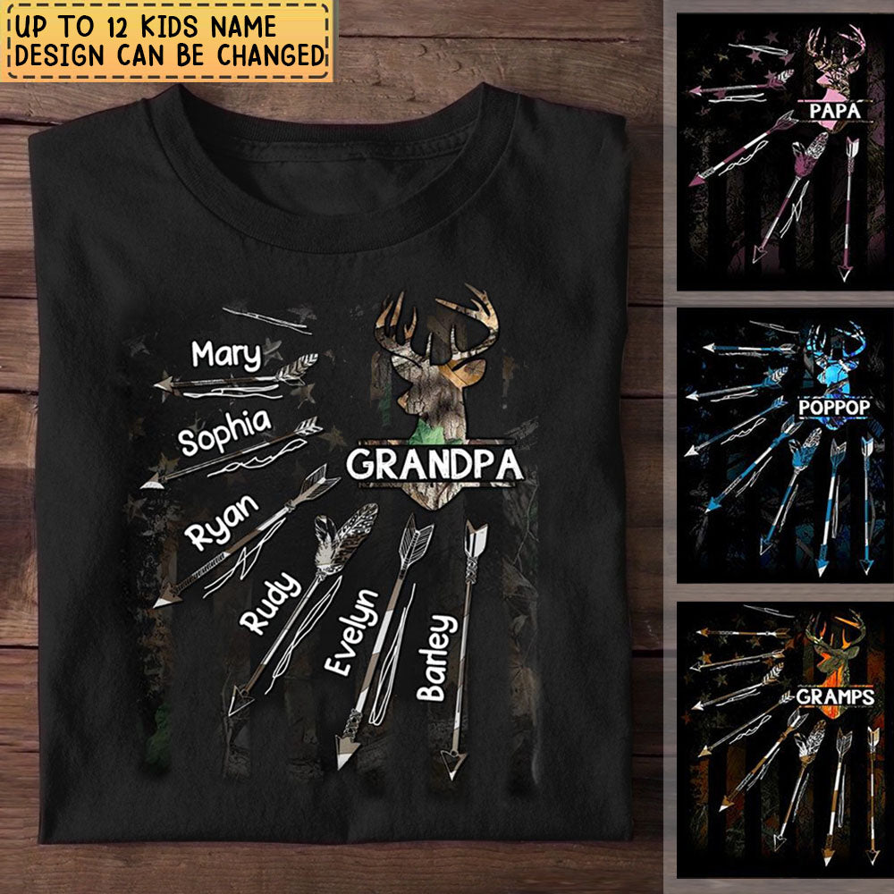 Grandpa With Grandkids Deer Arrows Personalized Papa T-Shirt