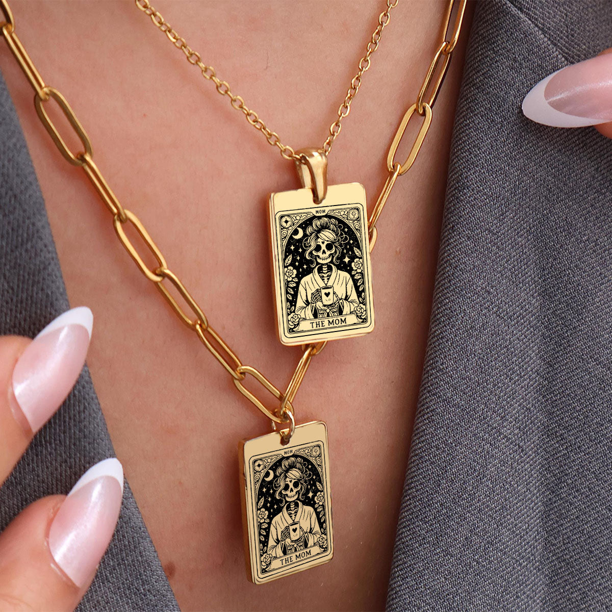 Personalized Skull Mom Kids Tarot Card Necklace Gift for Grandma Mom