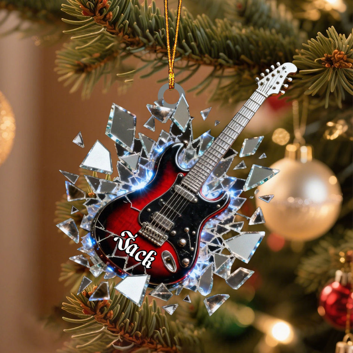 Shattered-Mirror Mini Electric Guitar Custom Name Stained Glass Effect Acrylic Christmas Ornament, Guitarist Gift