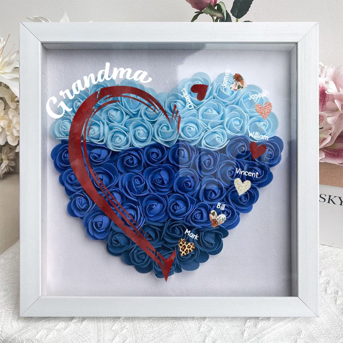 Personalized Grandma and Grandkids Heart Flower Shadow Box
