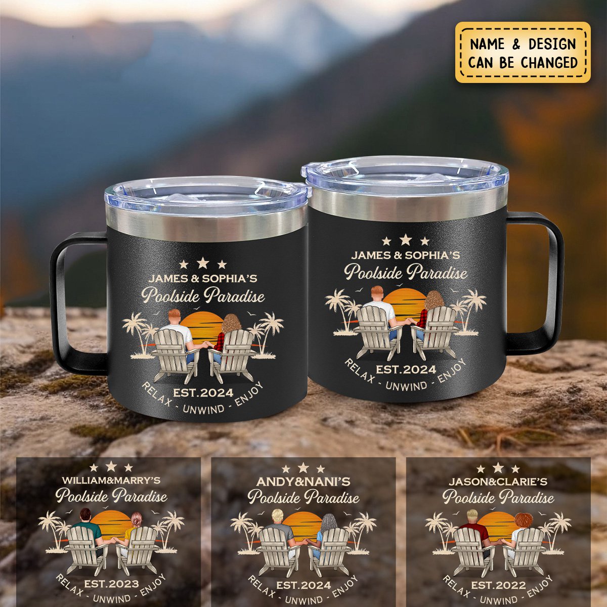 Sunset Couple Sitting Personalized 14oz Stainless Steel Tumbler With Handle