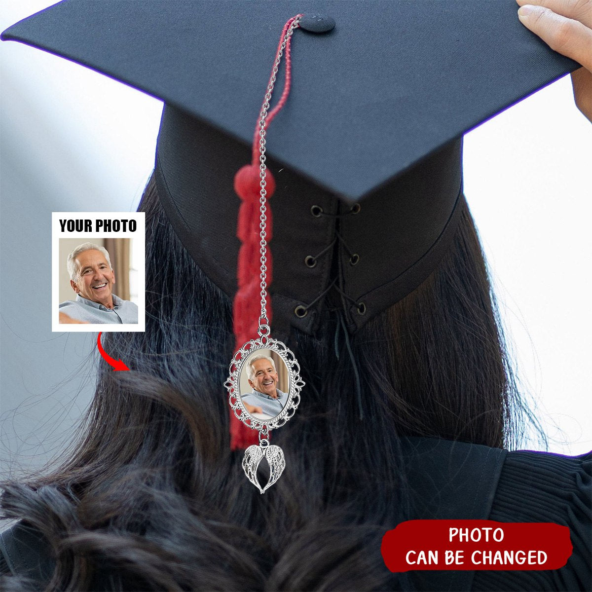 Personalized Graduation Tassel Photo Charm with Angel Wings