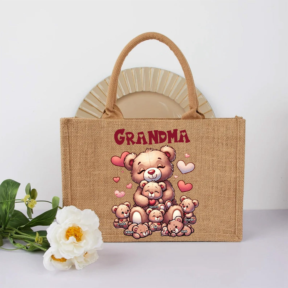 Personalized Grandma Bear With Cute Grandkids Jute Tote Bag
