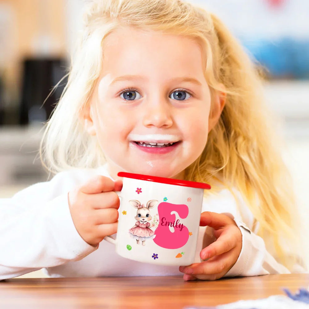 Personalized Watercolor Bunny Floral Multicolor Rim Enamel Mug With Name Birthday Easter Party Favor Gift For Kids