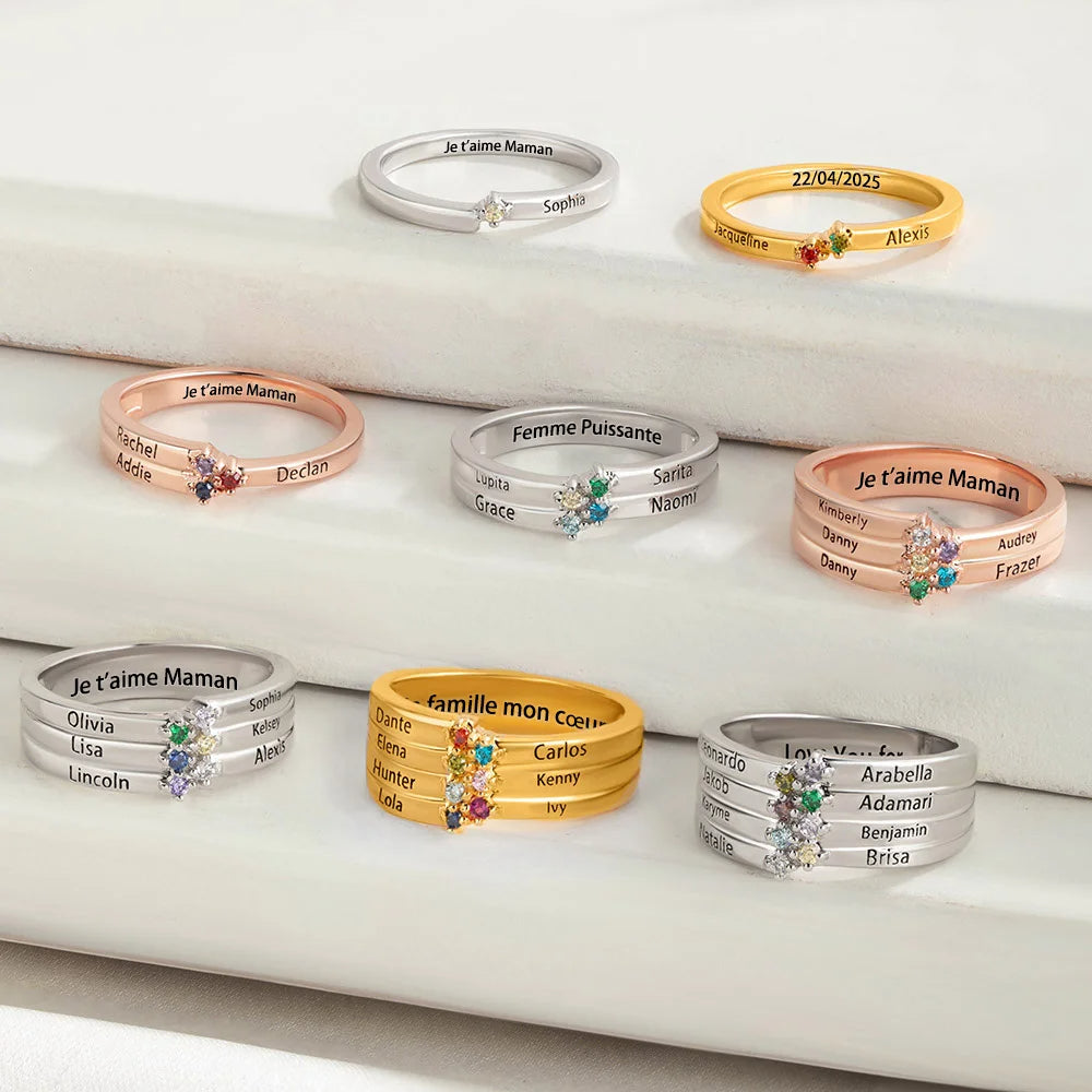 Family Birthstone Personalized 1-8 Names Engraving Ring, Mothers Ring
