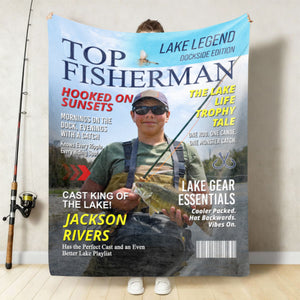 Personalized Lake Fishing Magazine Cover Blanket, Custom Gift for Fishing Dad, Husband or Him