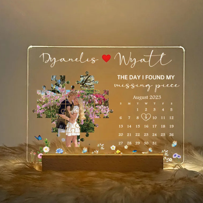 The Day I Found My Missing Piece - Personalized LED Light Wooden Frame Gift For Couple