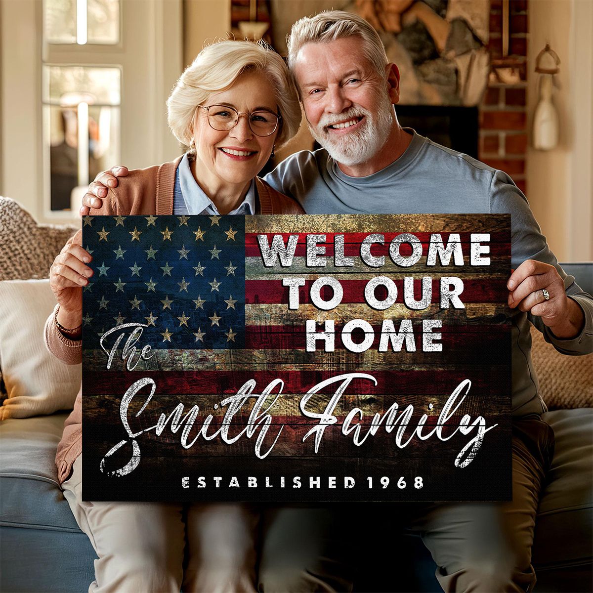 Welcome To Our Home Sign USA Flag Wall Art – Personalized Family Name 250 Anniversary USA Canvas Print