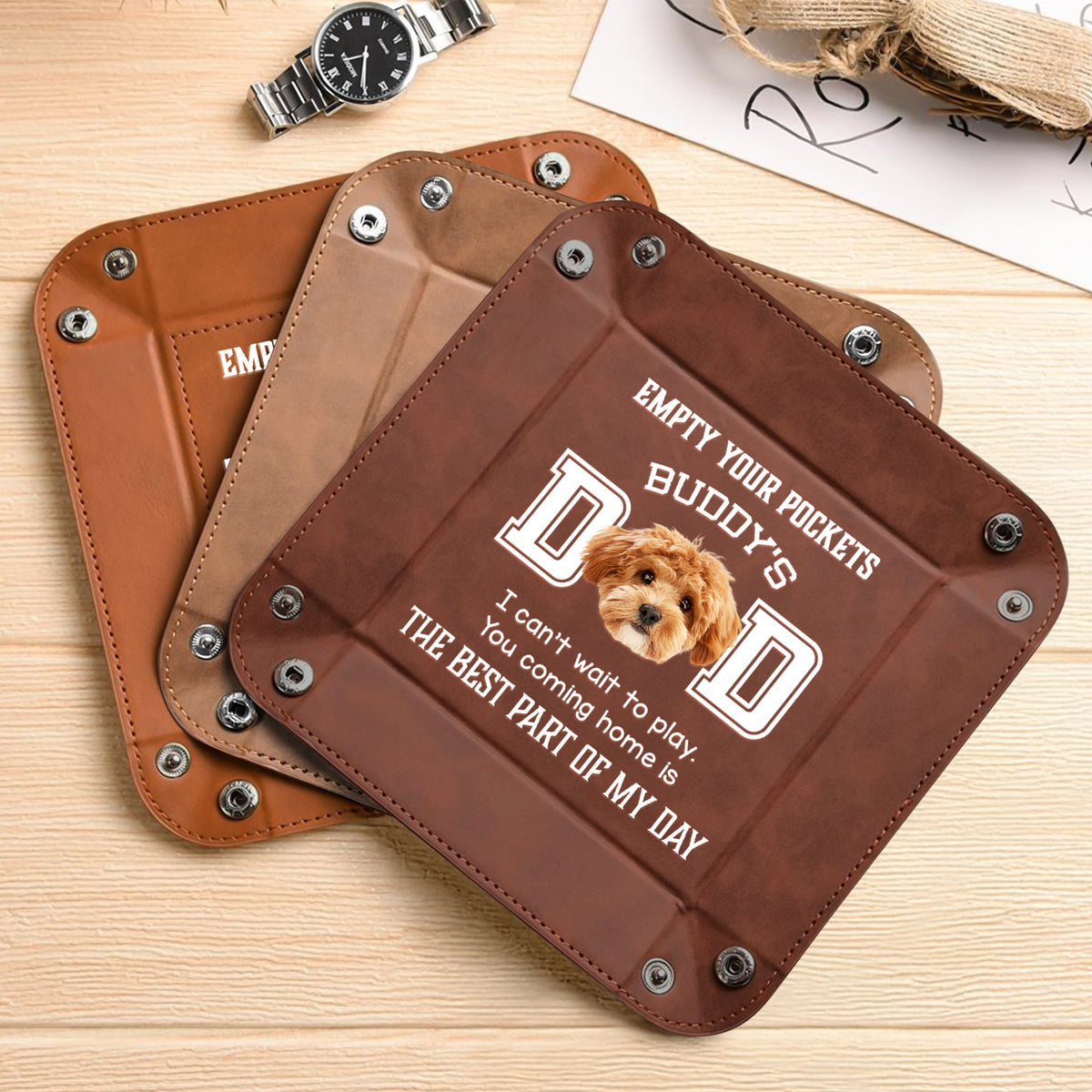 Custom Photo Dog Can't Wait To Play With Dad Personalized Leather Valet Tray