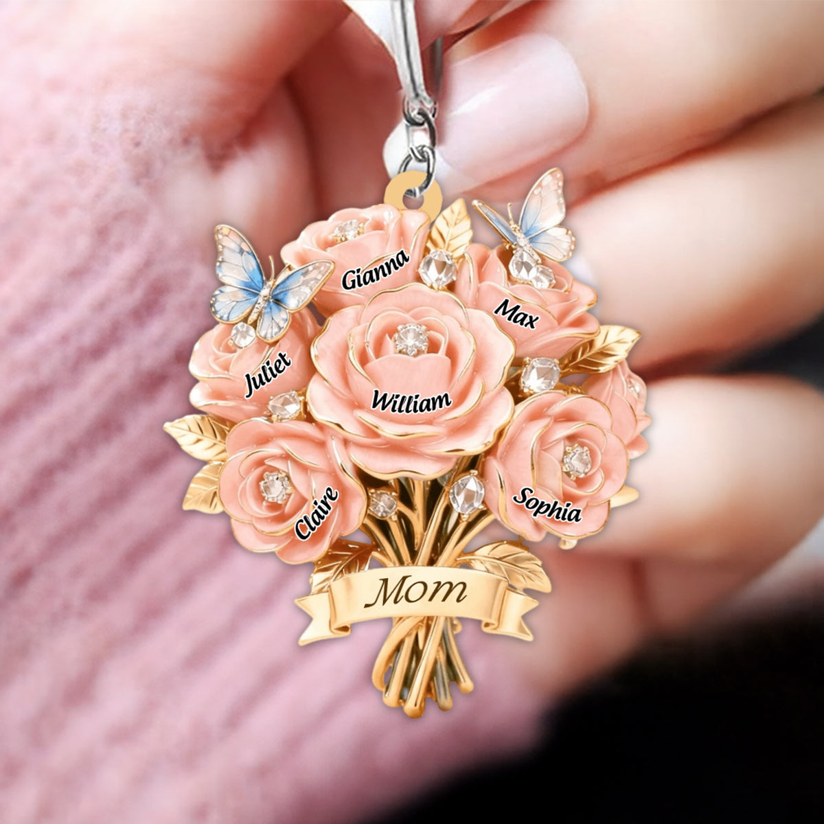 I Love You Mom - Personalized Mother Grandma Bouquet Shaped Keychain