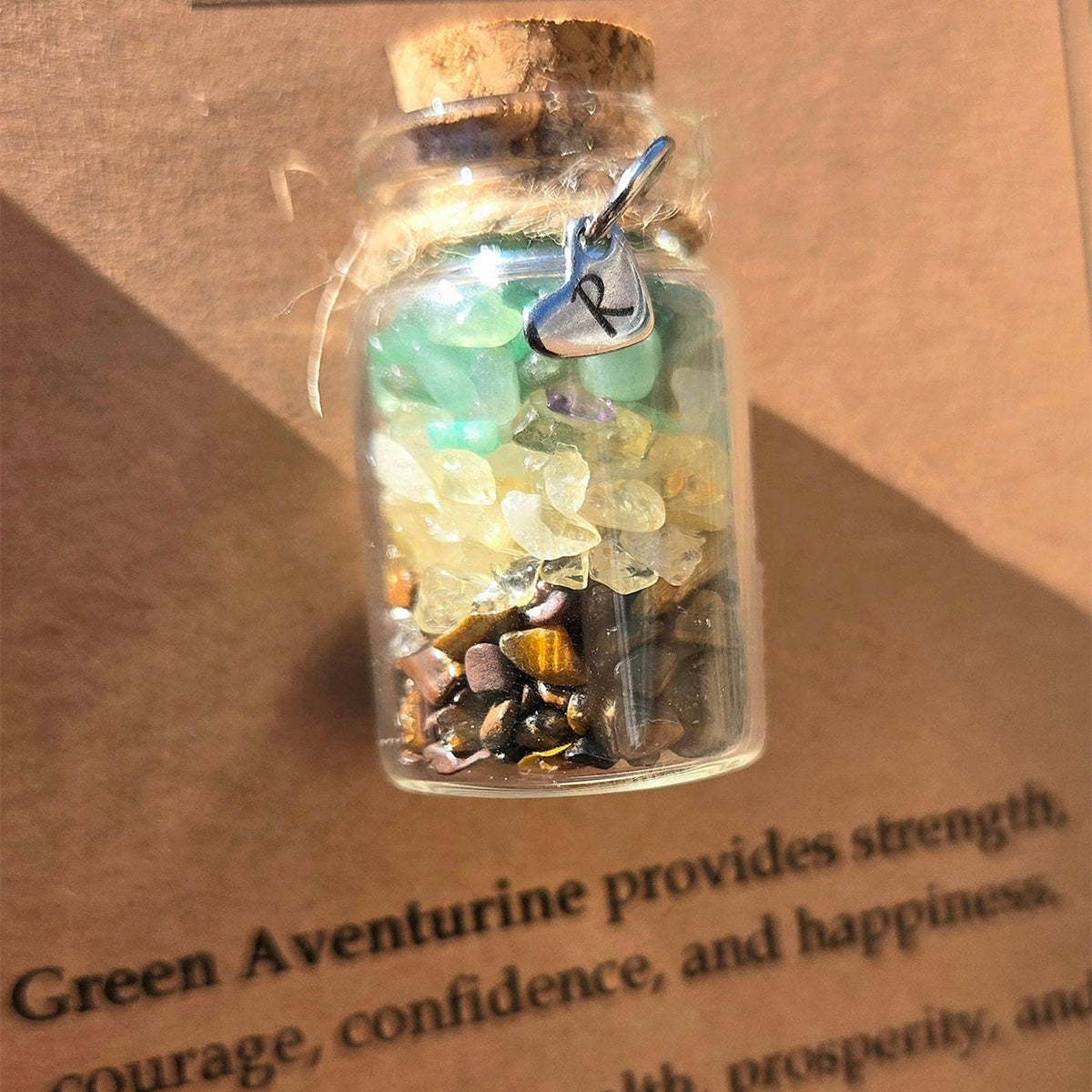 Personalized GOOD LUCK crystal chip bottle.  Lucky charm.  Crystals for new beginnings, exams, interview