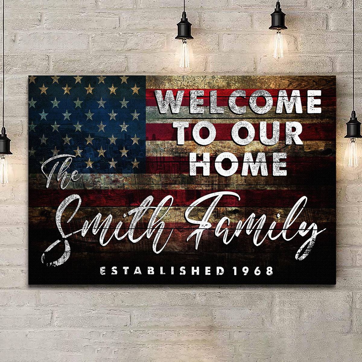 Welcome To Our Home Sign USA Flag Wall Art – Personalized Family Name 250 Anniversary USA Canvas Print