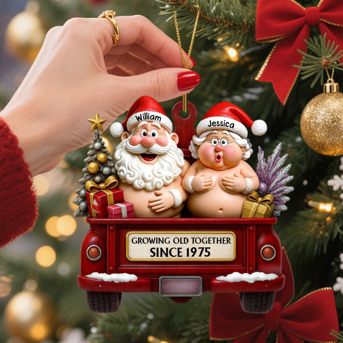 Growing Old Together Red Truck With Santa And Mrs. Claus Ornament, Custom Acrylic Ornament, Gift For Couples And Parents