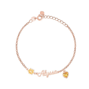 Personalized Heart Birthstone Birth Flower Bracelet with Name