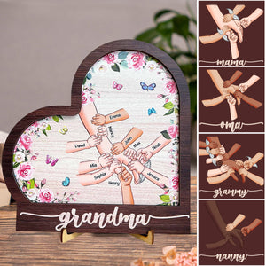 Personalized Grandma Holding Hand With Grandkids Heart Shaped Wooden Plaque