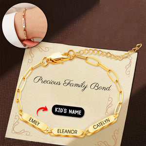 Personalized Family Name Bar Bracelet Engraved Charm with a Dainty Paperclip Chain