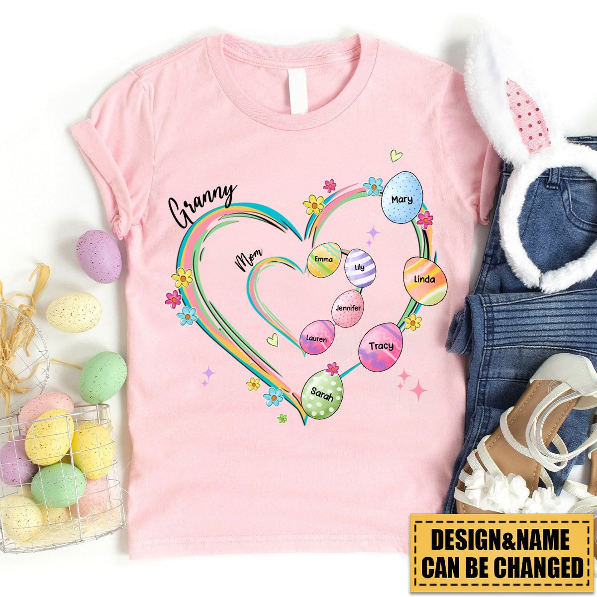 Heart Grandkid Name Easter Day - Personalized Pure Cotton T-Shirt Gift For Grandma Mom