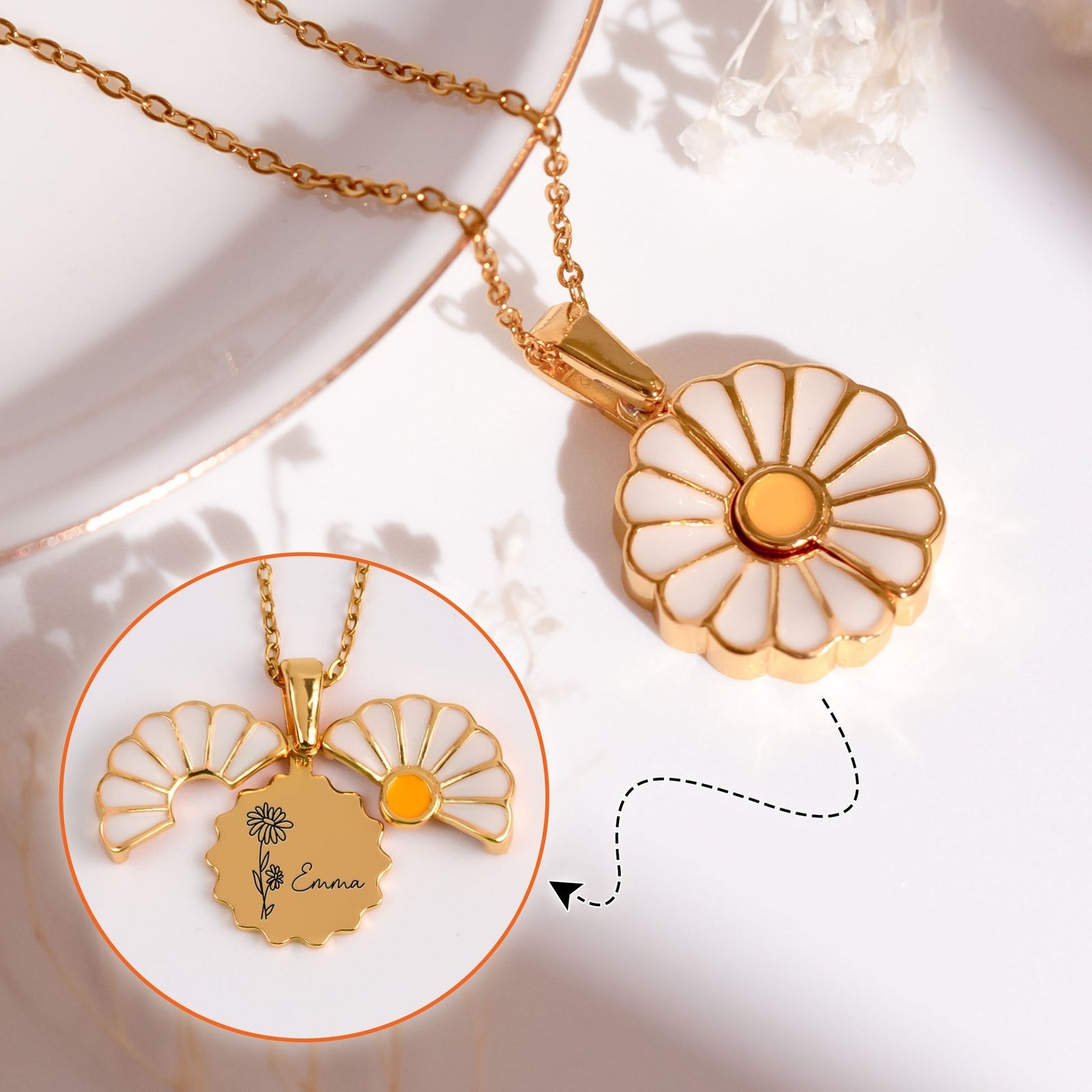 Birth Flower Engraved Name Necklace - Personalized Daisy Necklace Mother's Day