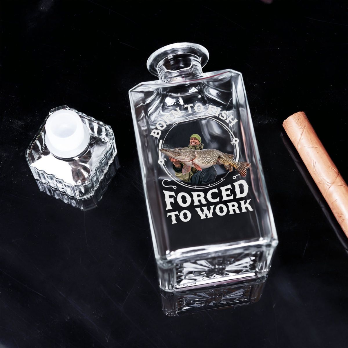 Born To Fish, Forced To Work - Personalized Whiskey Decanter Fishing Gifts For Men, Husband, Dad