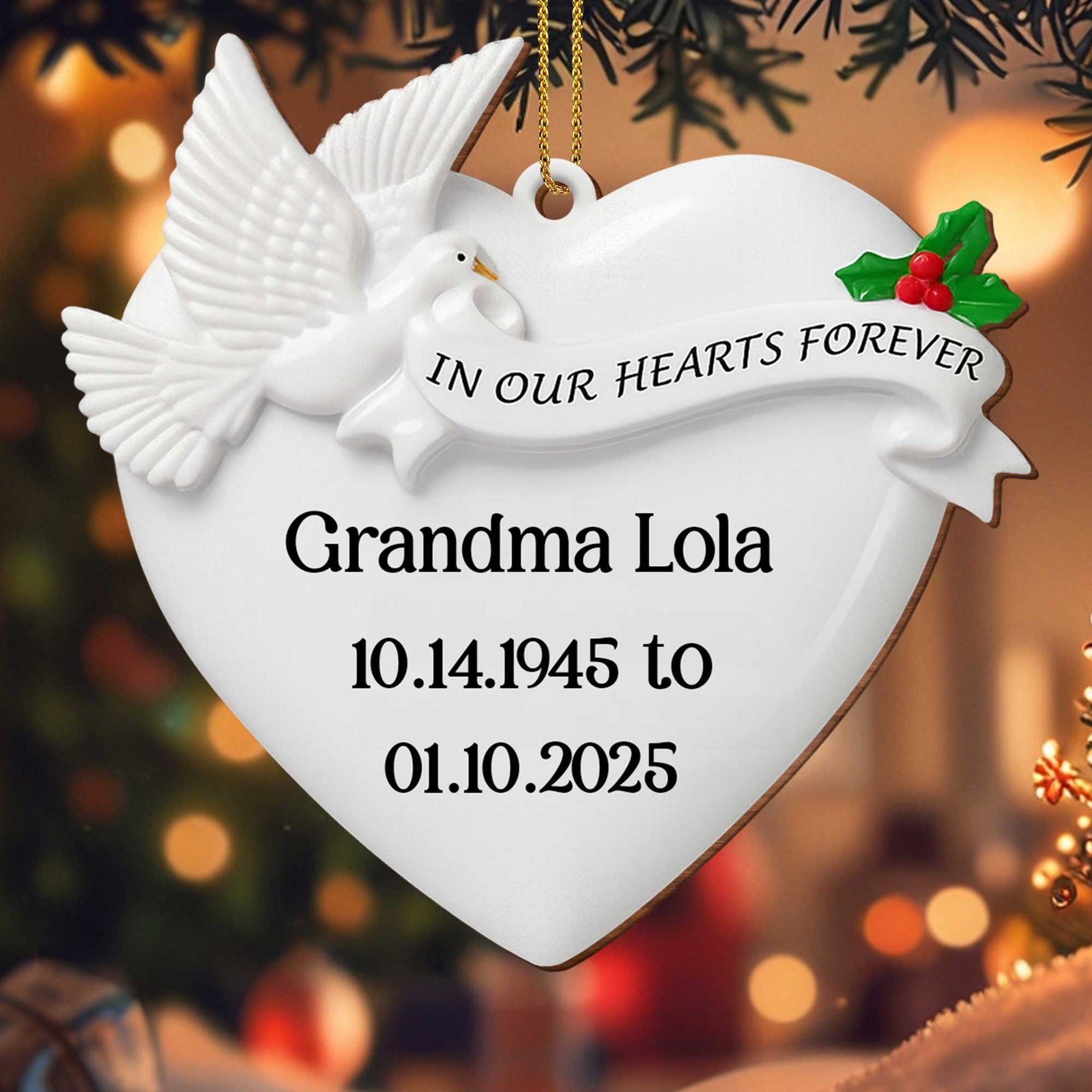 In Our Hearts Forever Heart and Dove Ornament, Custom Wood Ornament, Gift for Family