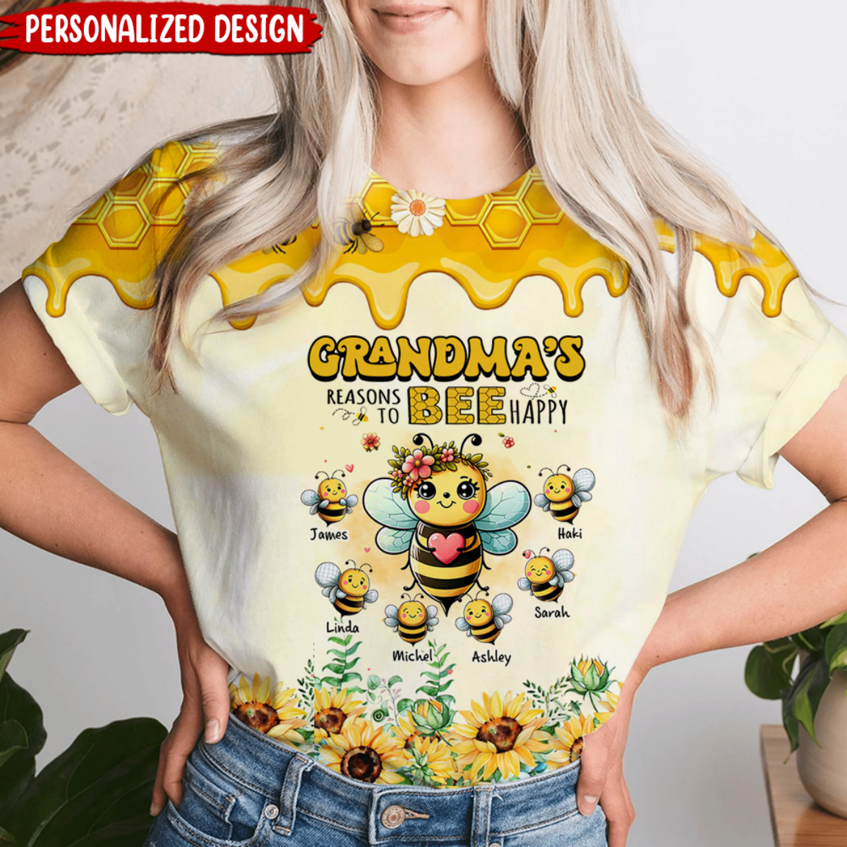 Grandma's Reasons To Bee Happy Personalized 3D T-shirt