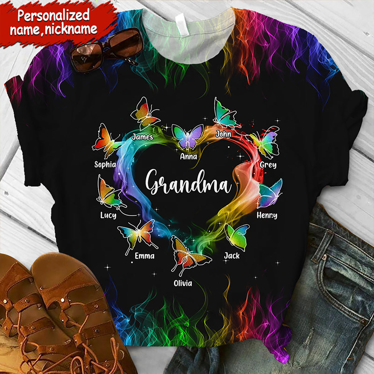 Personalized Colorful Heart Butterflies T-Shirt Gift For Grandma, Mom