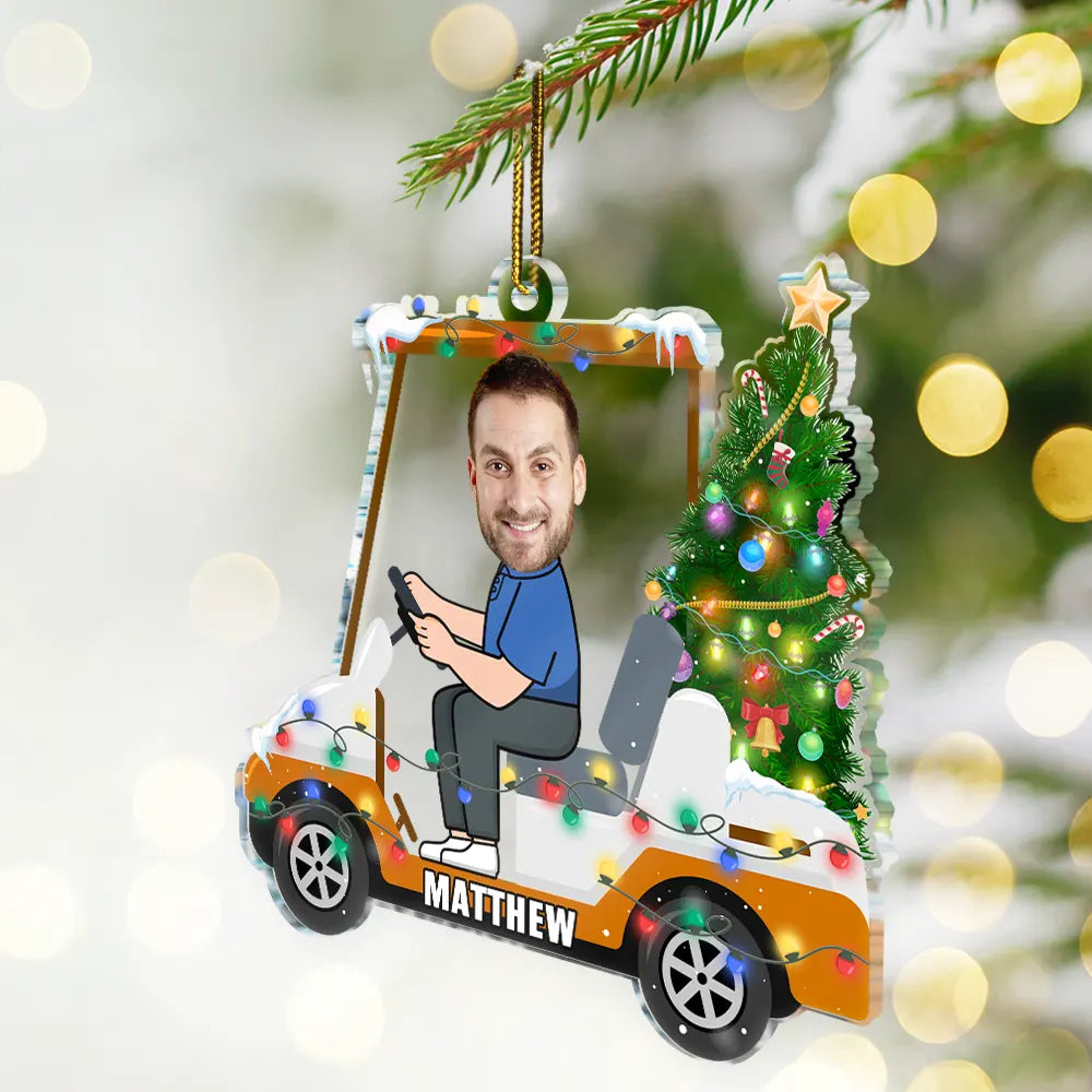 Custom Photo Funny Face Golf Cart - Personalized Custom Shaped Acrylic Ornament