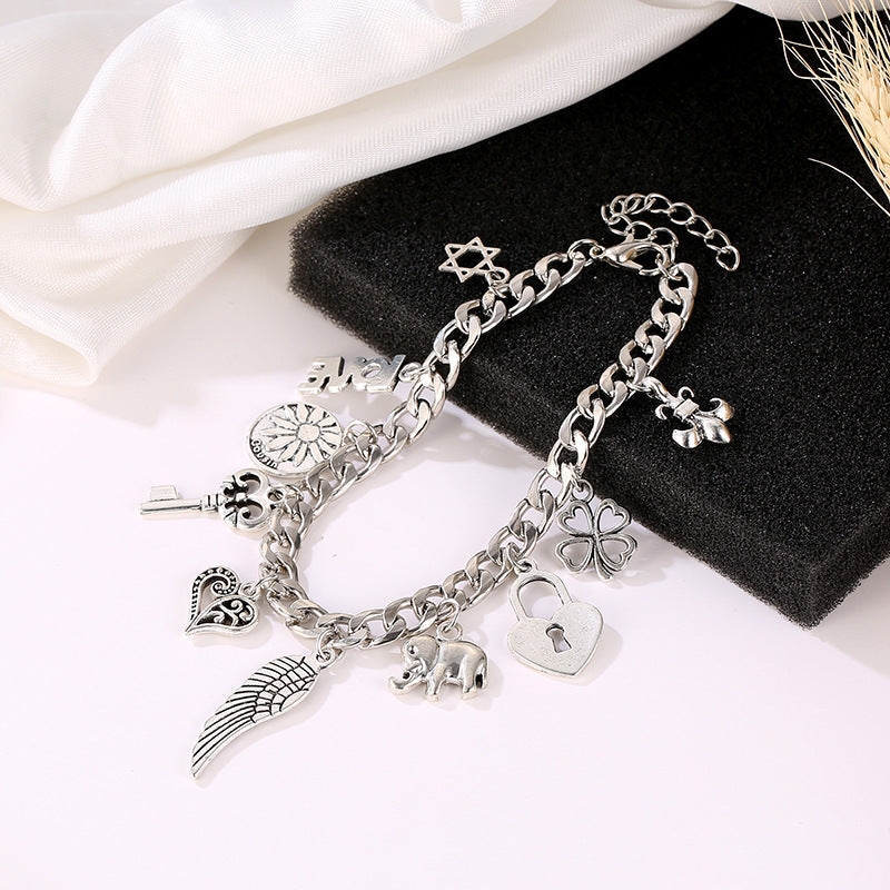 Vintage Engraved Heart Lock Key Wings Charm Ancient Silver Bracelet
